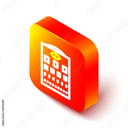 Isometric line Eye test chart icon isolated on white background. Poster for vision testing in ophthalmic study. Snellen chart. Orange square button. Vector.