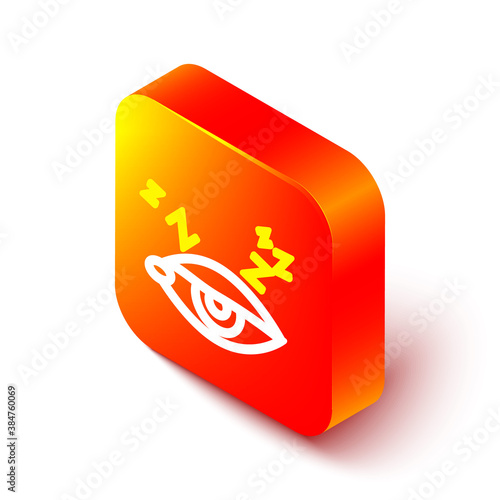 Isometric line Insomnia icon isolated on white background. Sleep disorder with capillaries and pupils. Fatigue and stress. Orange square button. Vector.