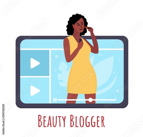 Black african Beauty blogger showing trend makeup tutorial with lipstick. woman creating content and posting on social media. Online Channel Concept. Vector flat