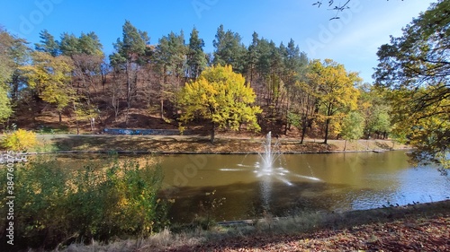 Fototapeta Naklejka Na Ścianę i Meble -  fountain in the autumn lake