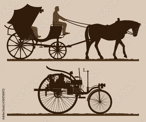 Retro transport silhouettes.
Silhouette of a horse-drawn carriage with a coachman. Retro car silhouette. Vector illustration.