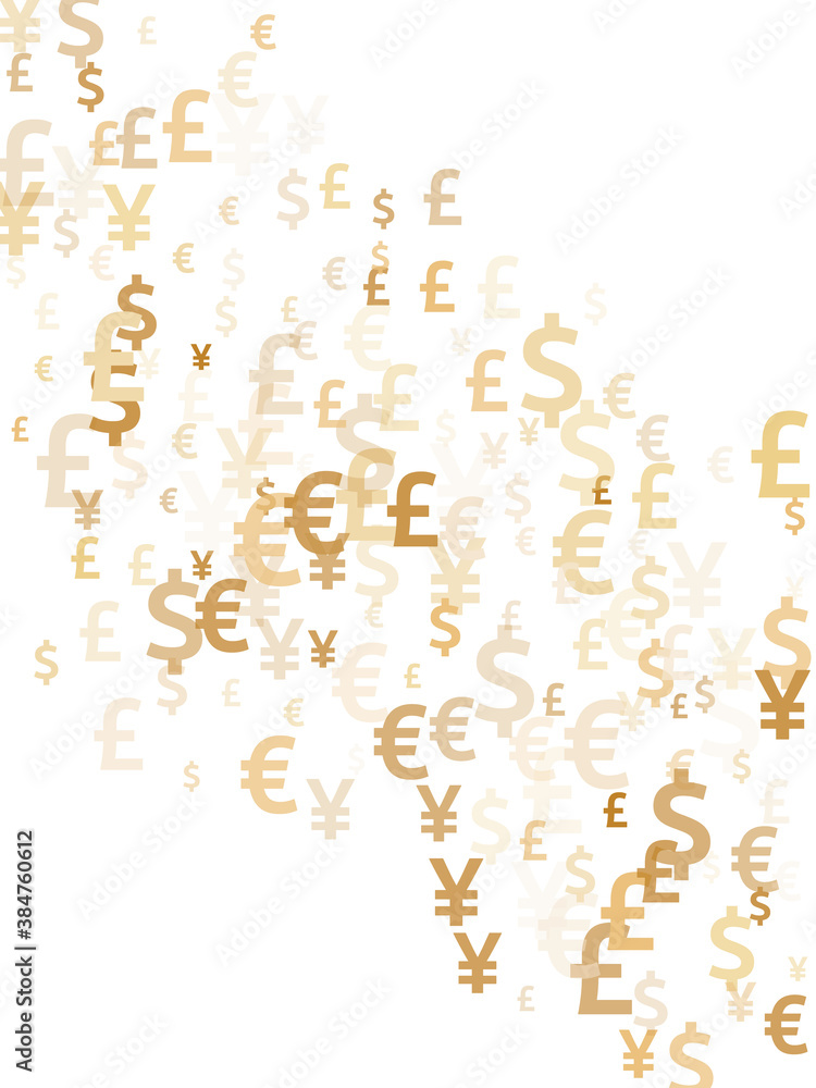 Euro dollar pound yen gold icons scatter currency vector illustration. Business backdrop. Currency 