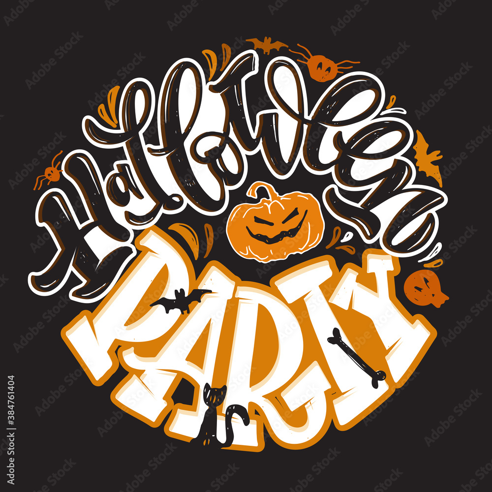 Halloween party - cute hand drawn doodle lettering label. Halloween art for poster, banner, t-shirt design.