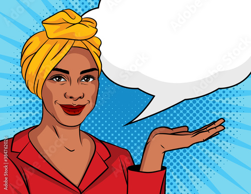 Vector color illustration in pop art style. Muslim woman in a traditional scarf and glasses is drinking coffee. Arabic successful business woman over dot background with cup of coffee in her hand
