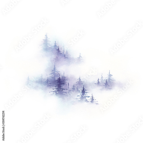 Watercolor winter landscape with mountain and fir trees. Collection of the watercolor winter landscape