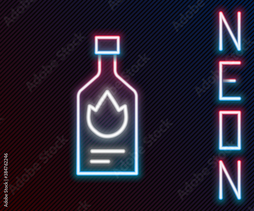 Glowing neon line Tabasco sauce icon isolated on black background. Chili cayenne spicy pepper sauce. Colorful outline concept. Vector.