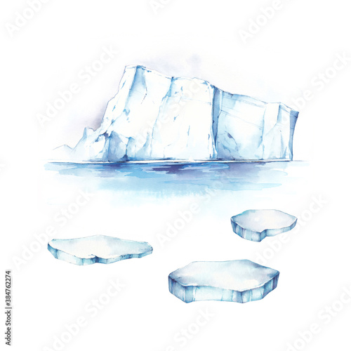 Watercolor arctic set with ice floe, snow and ice floes