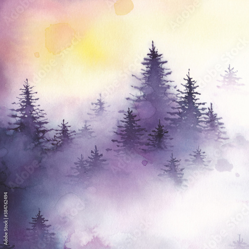 Watercolor illustration of a coniferous forest in the mountains. It's perfect for winter design