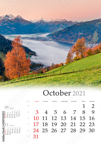 Calendar October 2021, vertical B3 size. Set of calendars with amazing landscapes. Fantastic view of Zell lake. Impressive autumn scene of Austrian town - Zell am See, Austria, Europe.