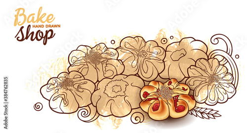 Buns and pastries hand drawn vector doodle colorful illustration