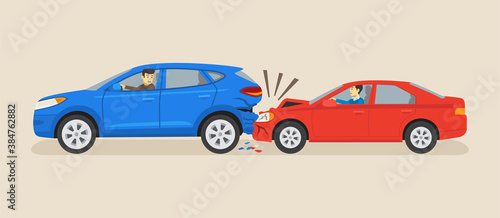 Isolated red sedan car and blue suv car crash. Traffic or road accident. Flat vector illustration template.