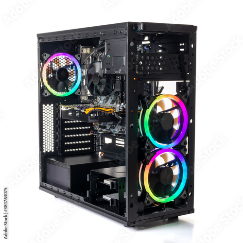 Studio shot of black Gaming desktop pc with rgb lights and visible components. Isolated on white background.