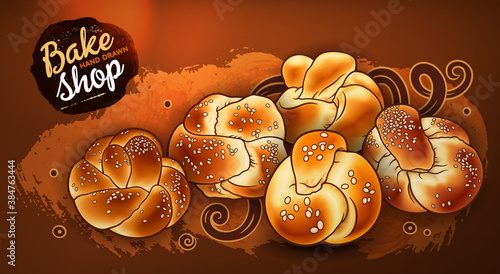 Buns and pastries hand drawn vector doodle colorful illustration