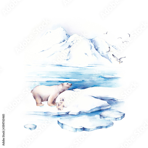 Watercolor illustrations with iceberg, ice floes, polar bear and a bear cub. It's perfect for winter design, postcards, posters