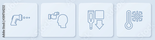 Set line Digital thermometer, , Checking body temperature and Thermometer with snowflake. White square button. Vector.
