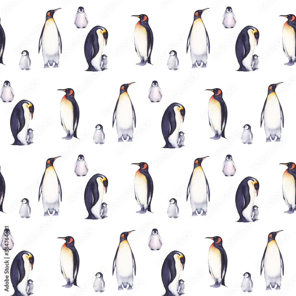 Obraz premium Marine seamless pattern with illustrations of penguins on a white background. Watercolor illustration