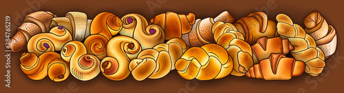 Rolls, bagels, braids hand drawn vector doodles illustration