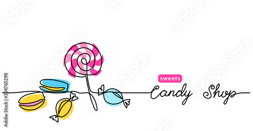 Candy shop simple vector web banner, border, background, poster. Single line art colorful illustration with text Candy shop.