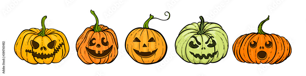 Cartoon halloween pumpkin. set of Orange pumpkins with carving scary smiling cute glowing faces. design for holiday greeting card and invitation, flyers, posters, banner halloween party holiday Cartoon halloween pumpkin. set of Orange pumpkins with carving scary smiling cute glowing faces. design for holiday greeting card and invitation, flyers, posters, banner halloween party holiday