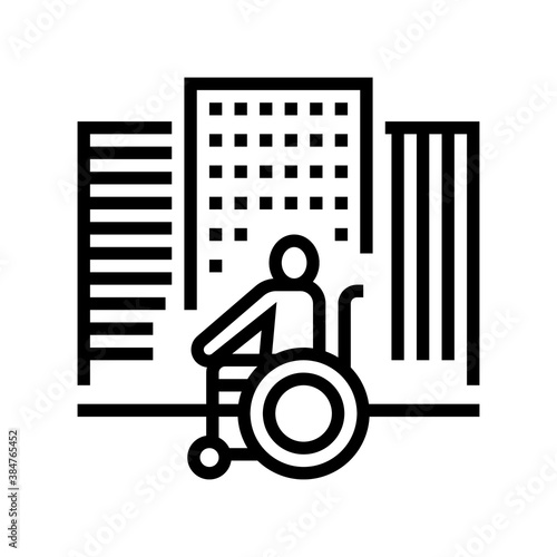 disabled riding wheelchair in city line icon vector. disabled riding wheelchair in city sign. isolated contour symbol black illustration