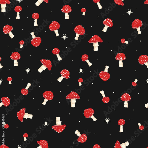 Red Small Mushrooms on Black Background Vector Seamless Pattern