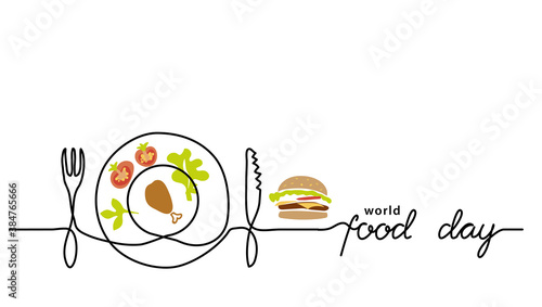 World food day simple line border, web banner, simple vector background. One continuous line drawing with lettering Food Day.