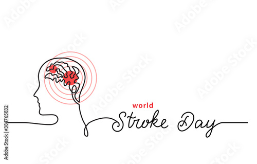 World stroke day simple line border, web banner, simple vector background with brain and red focus. One continuous line drawing with lettering Stroke Say.