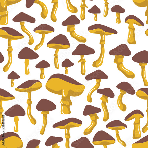 Mustard Garden Mushrooms on White Background Vector Seamless Pattern