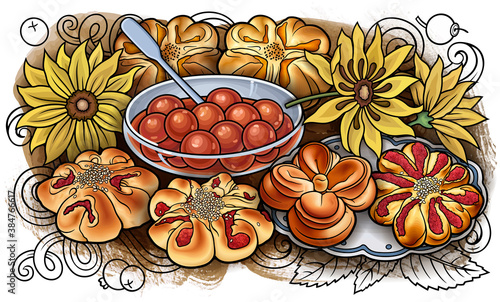 Buns, flowers, jam hand drawn vector doodle illustration.