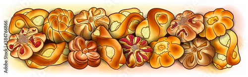 Buns and pastries hand drawn vector doodle colorful illustration.