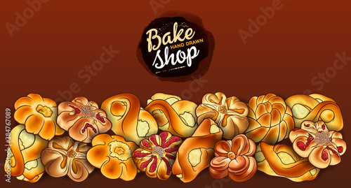 Buns and pastries hand drawn vector doodle colorful illustration.