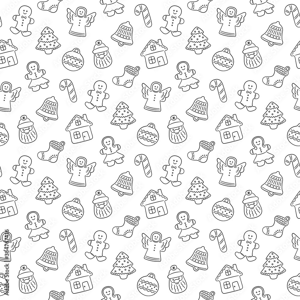 Gingerbread cookies for Christmas. Seamless pattern with gingerbread house, man, angel, bell christmas tree. Vector illustration om white background
