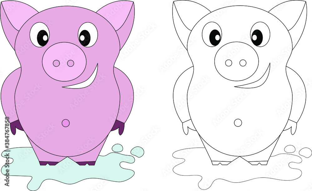 Fototapeta premium Page of coloring book for children. Cute piggy. Hand painted animal sketches in a simple style. T-shirt print, label, patch or sticker. Vector illustration.