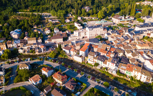 Aerial view of Ax-les-Thermes with buildings and The Lauze river in France, Midi-Pyrenees © JackF