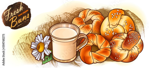 Buns, flowers, milk hand drawn vector doodle illustration.