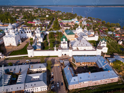 Aerial view of Russian city Rostov with Kremlin and ancient Orthodox churches photo