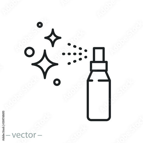 sanitizing spray bottle icon, concept disinfection and cleanness, clean surface, antiseptic thin line web symbol on white background - editable stroke vector illustration eps10
