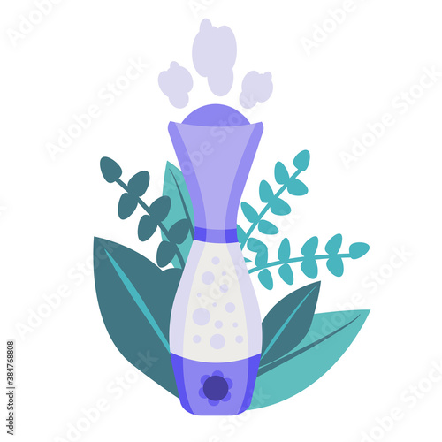  Home humidifier for room. Healthy humidifier vector icon for web design isolated  a white background. Concept of an air purifier device surrounded by leaves.Vector illustration in flat style.