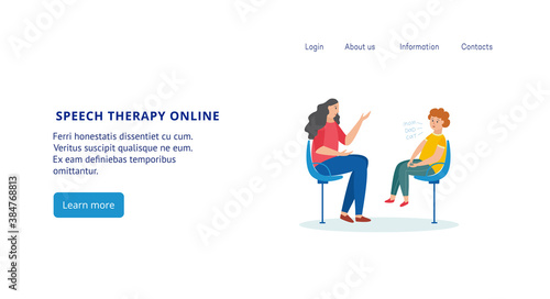 Online speech therapy website banner with cartoon child and teacher