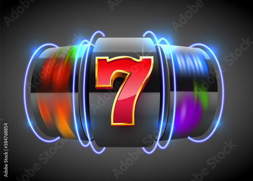 Black Neon slot machine wins the jackpot. 777 Big win casino concept.