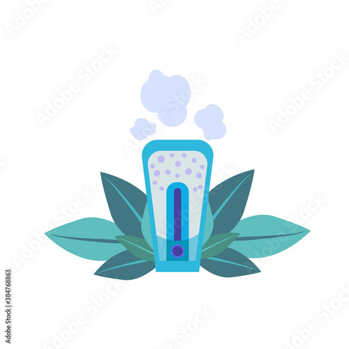  Home humidifier for room. Healthy humidifier vector icon for web design isolated  a white background. Concept of an air purifier device surrounded by leaves.Vector illustration in flat style.