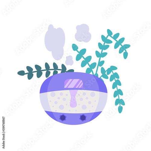  Home humidifier for room. Healthy humidifier vector icon for web design isolated  a white background. Concept of an air purifier device surrounded by leaves.Vector illustration in flat style.