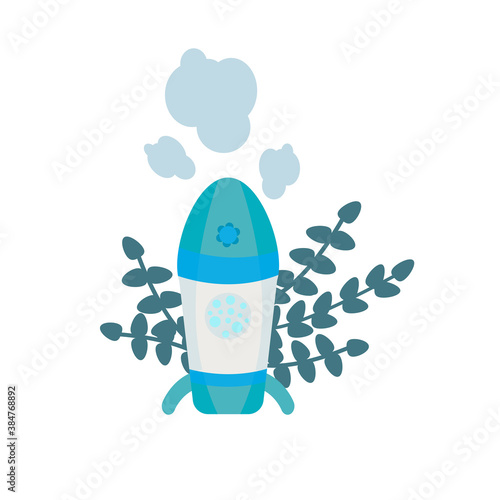 Home humidifier for room. Healthy humidifier vector icon for web design isolated  a white background. Concept of an air purifier device surrounded by leaves.Vector illustration in flat style