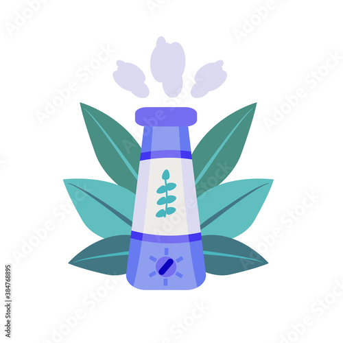 Home humidifier for room. Healthy humidifier vector icon for web design isolated  a white background. Concept of an air purifier device surrounded by leaves.Vector illustration in flat style.
