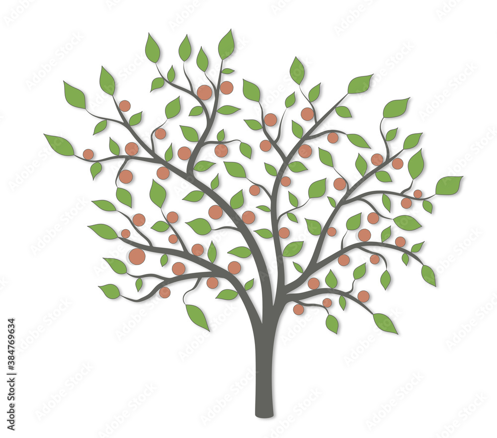 Tree with green leaves and red fruit with a light shadow on a white background