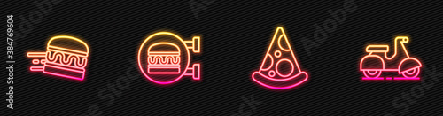 Set line Slice of pizza, Online ordering burger delivery, and Scooter. Glowing neon icon. Vector.