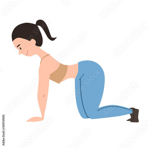 The girl is on all fours in the pose of a good cat. Exercises for the back. Vector illustration on a white isolated background.