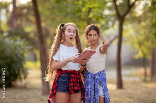 Two beautiful girls watch media content online a tablet outdoors in a park.