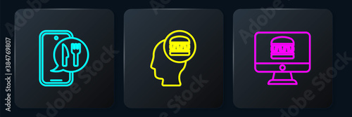 Set line Online ordering and delivery, and . Black square button. Vector.