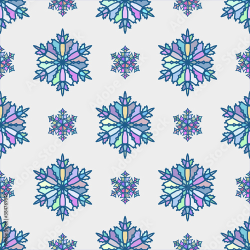 A snowflake consisting of multi-colored fragments with randomized color shades. Vector illustration, seamless pattern
